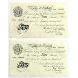 2 x Bank of England, White Five Pounds 1950, both signed Beale and dated London 1st February and