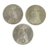 3 x Victoria, Double Florins 1887, two with rev. Arabic 1 in date, the other Roman numeral I, EF