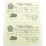 2 x Bank of England, White Five Pounds 1950, both signed Beale and dated London 6th March, (Pick