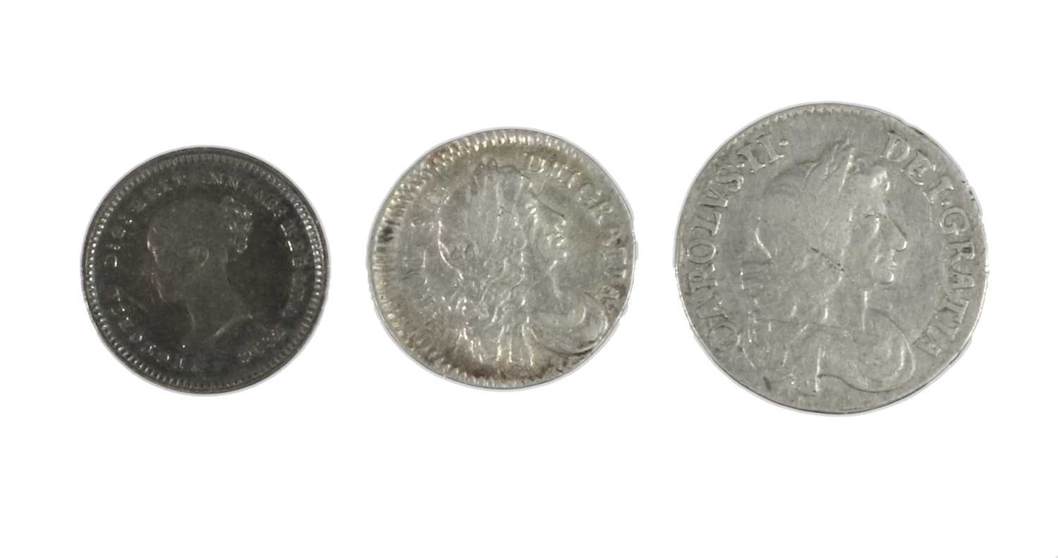 3 x Maundy Oddments, comprising: 2 x Charles II: 3d 1680 (S.3386) AVF and 2d 1684 (S.3388) AEF;