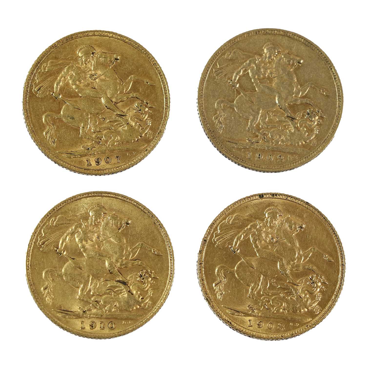 4 x Edward VII, Sovereigns 1902P, 1907, 1908 and 1910, London and Perth mints, obv. bare head right, - Image 2 of 2