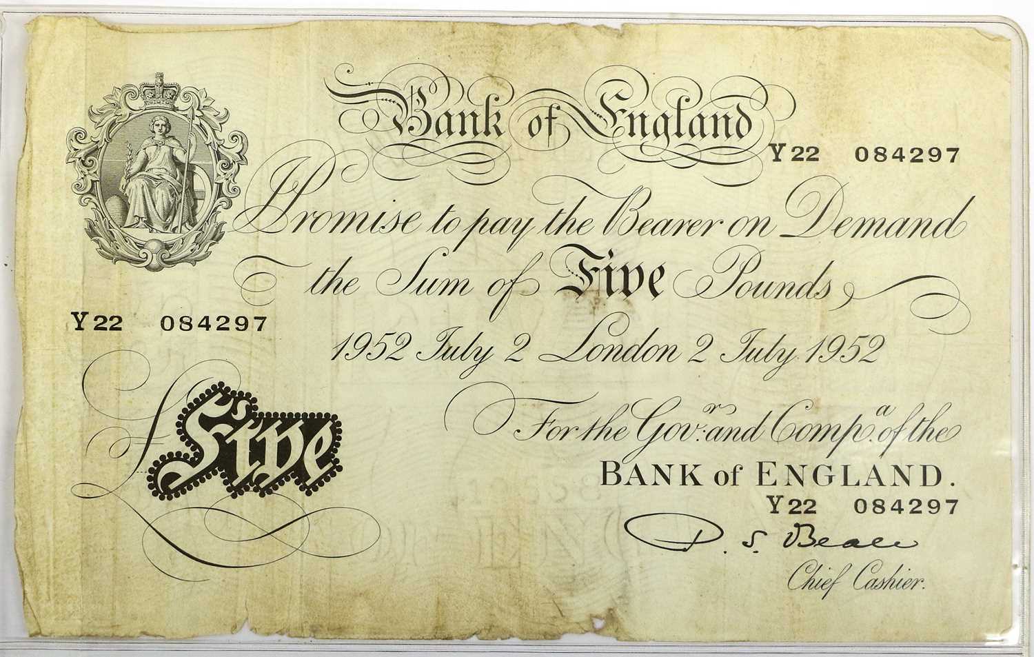 Bank of England, White Five Pounds 1952, signed Beale and dated 2nd July 1952, prefix Y22, (Pick - Image 2 of 3