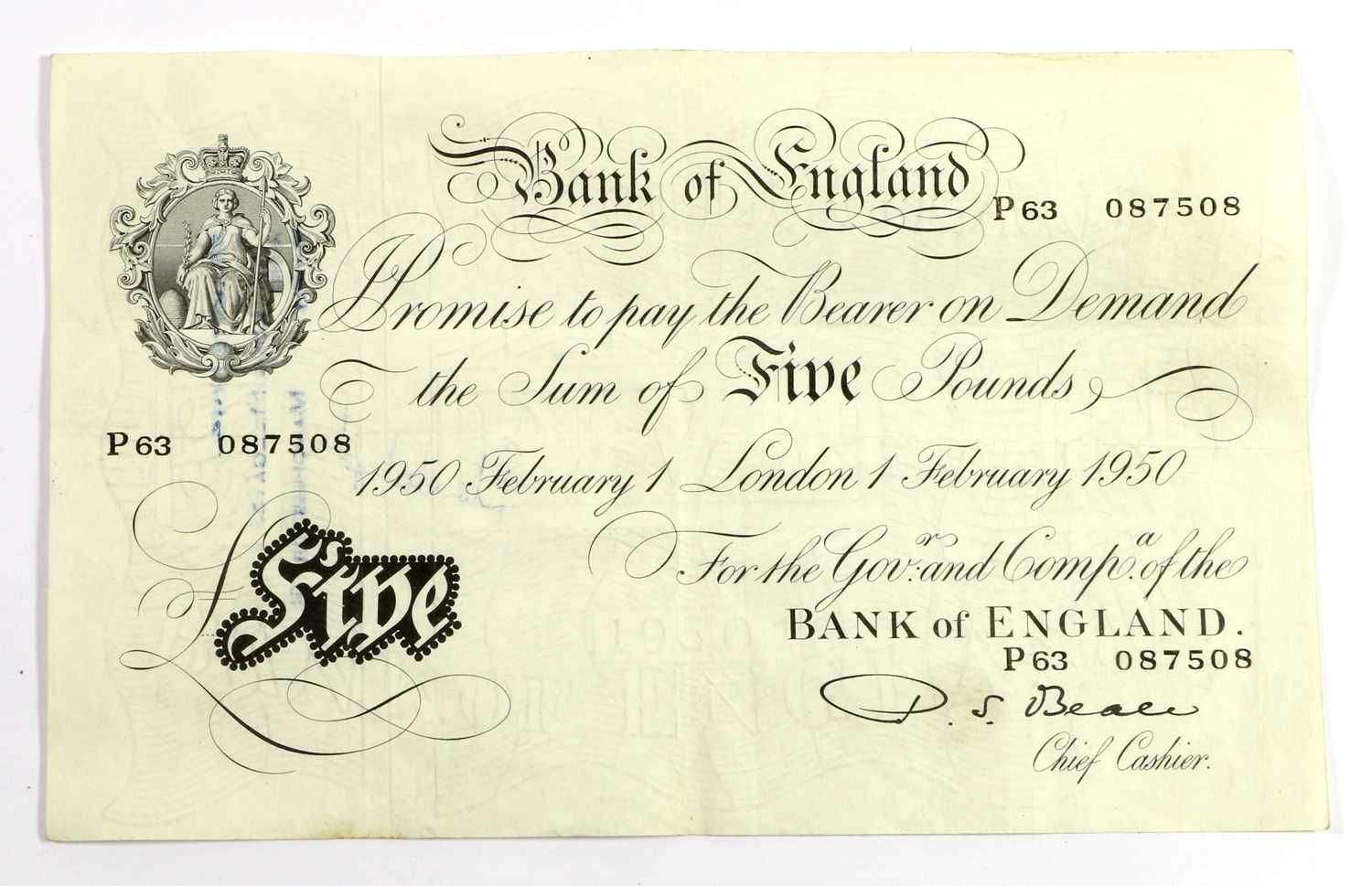 2 x Bank of England, White Five Pounds 1950, both signed Beale and dated London 1st February and - Image 5 of 5