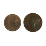 2 x Victoria, Pennies comprising: 1844 obv. young head left, rev. OT (S.3948) VF; and 1887 obv.