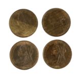 4 x Victoria, Pennies comprising: 'Bun Head' 1894 and 3 x 'Old Head' 1897, 1898 and 1899; GEF to