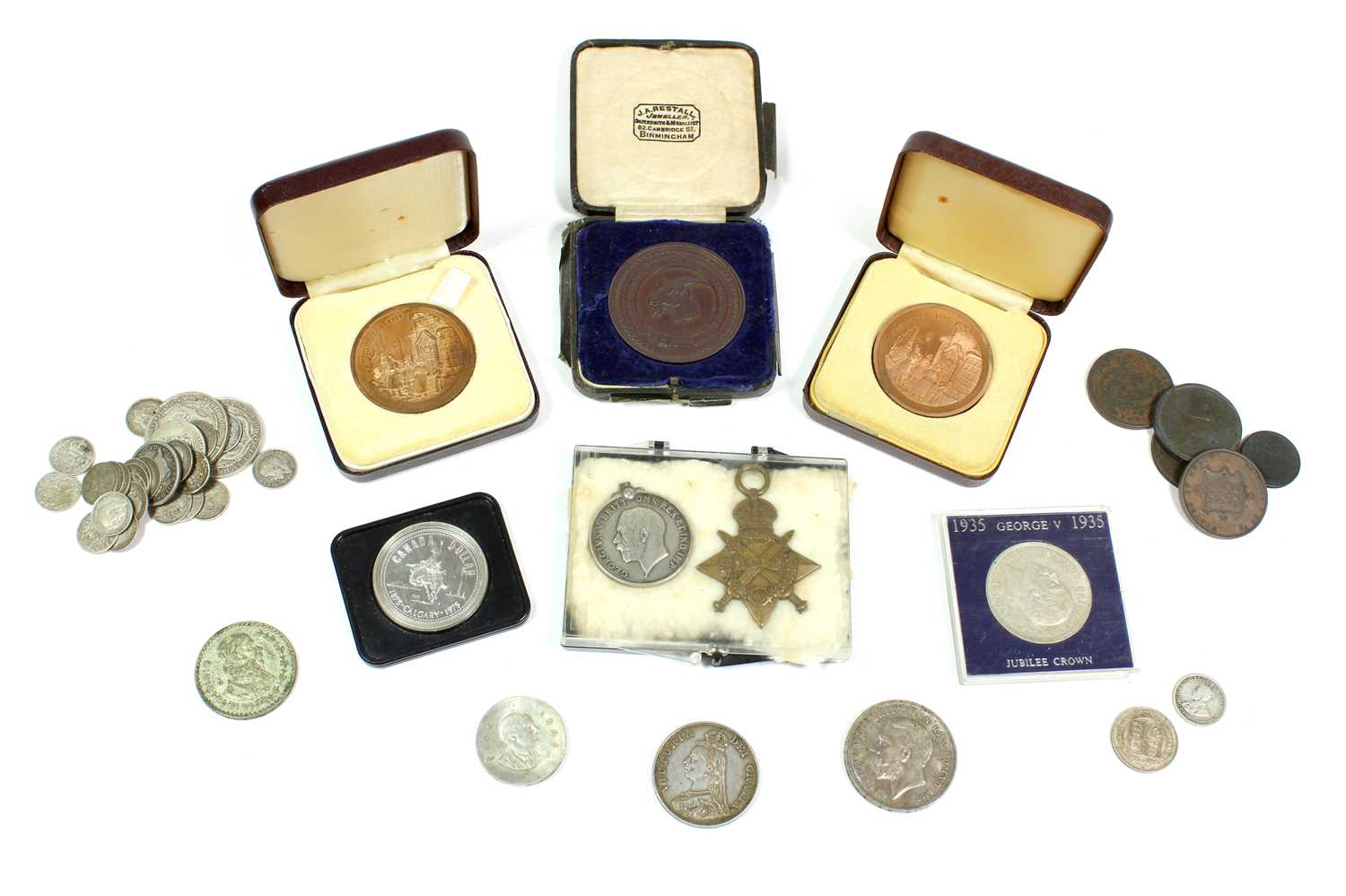 Assorted Coins & Medals, comprising: 2 x George V crown 1935 'Silver Jubilee' Fine; a quantity of