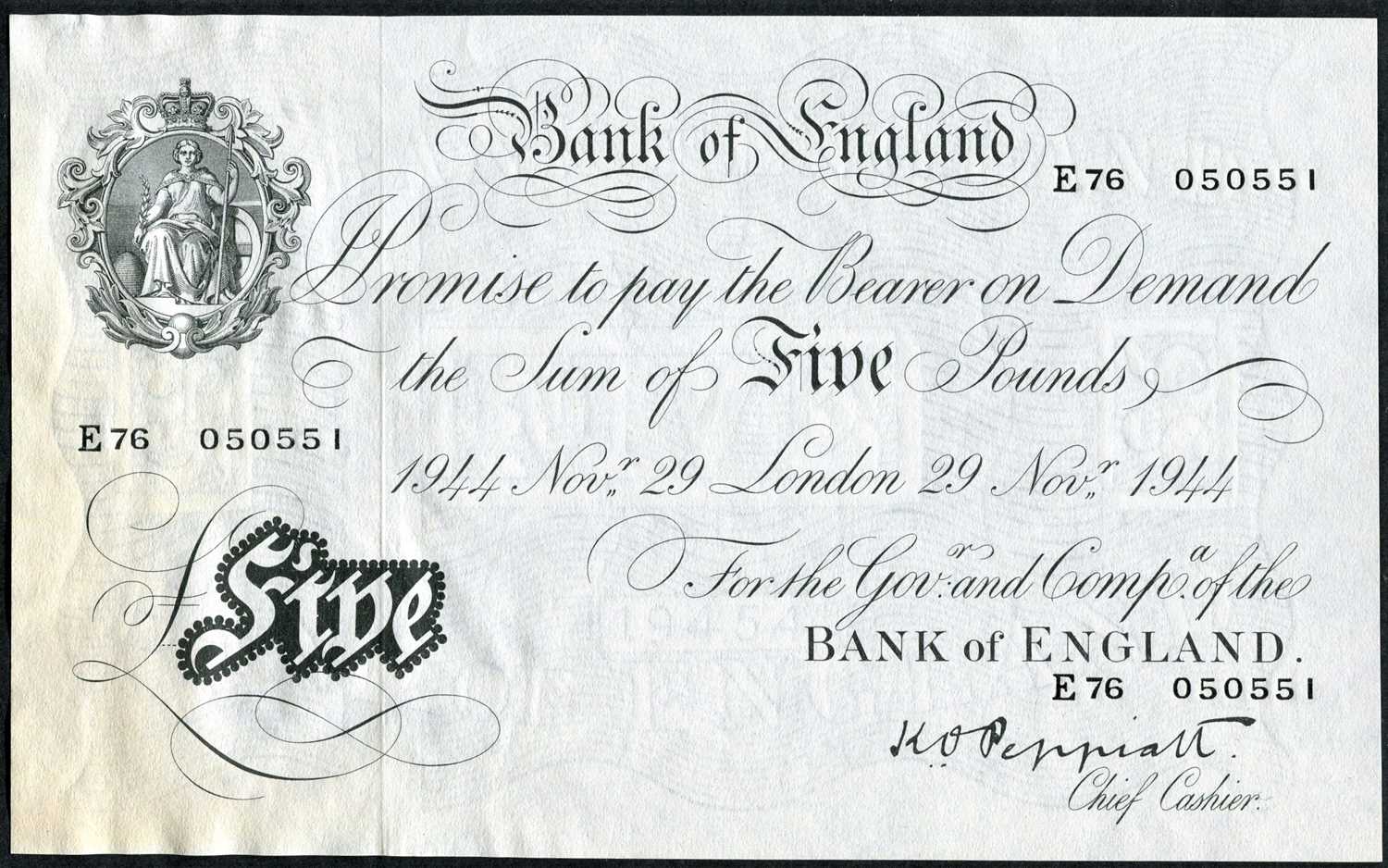 2 x Sequential Serial Numbers – Bank of England, White Five Pounds 1944 signed Peppiatt and dated - Image 2 of 3