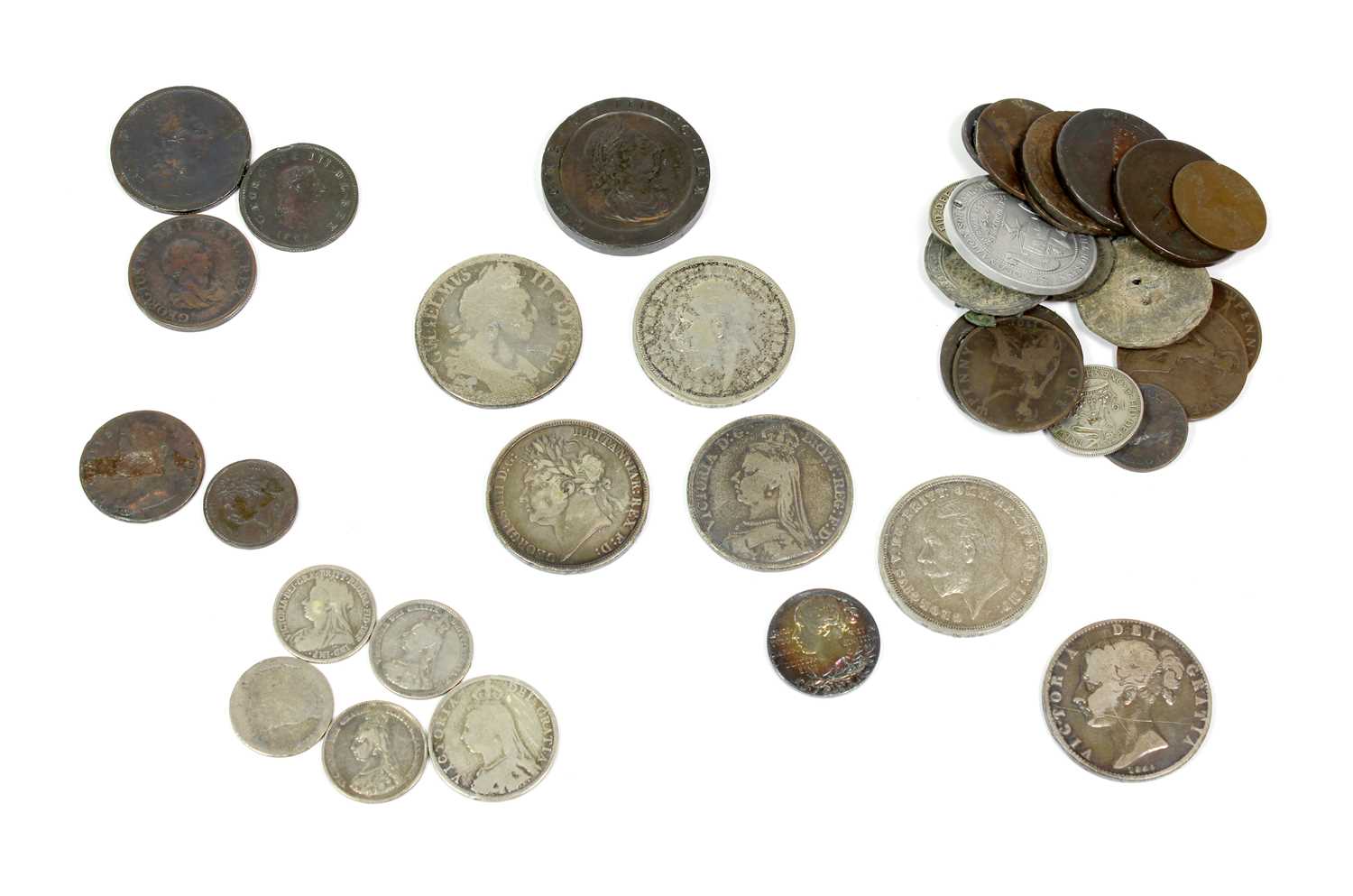 Mixed British Silver & Copper, including: 5 x crowns: William III 1696, George IV 1822, 2 x