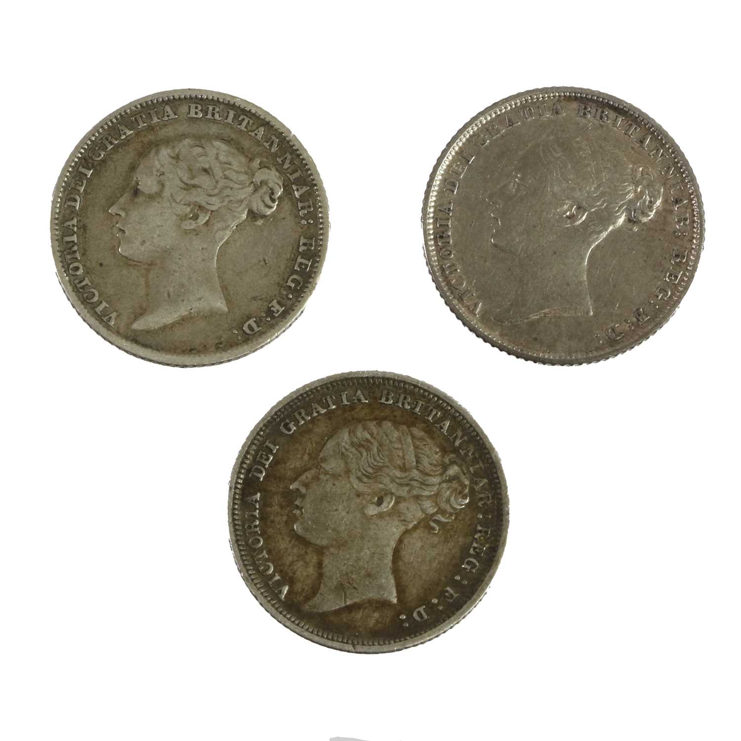 3 x Victoria, Sixpences: 1844(x2) and 1882 each with obv. young head left, rev. crowned denomination