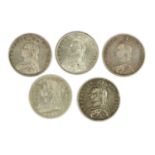 5 x Victoria, Halfcrowns comprising 4 x 'Jubilee' Head: 1887(x2), 1889, and 1892; and 'Old' Head