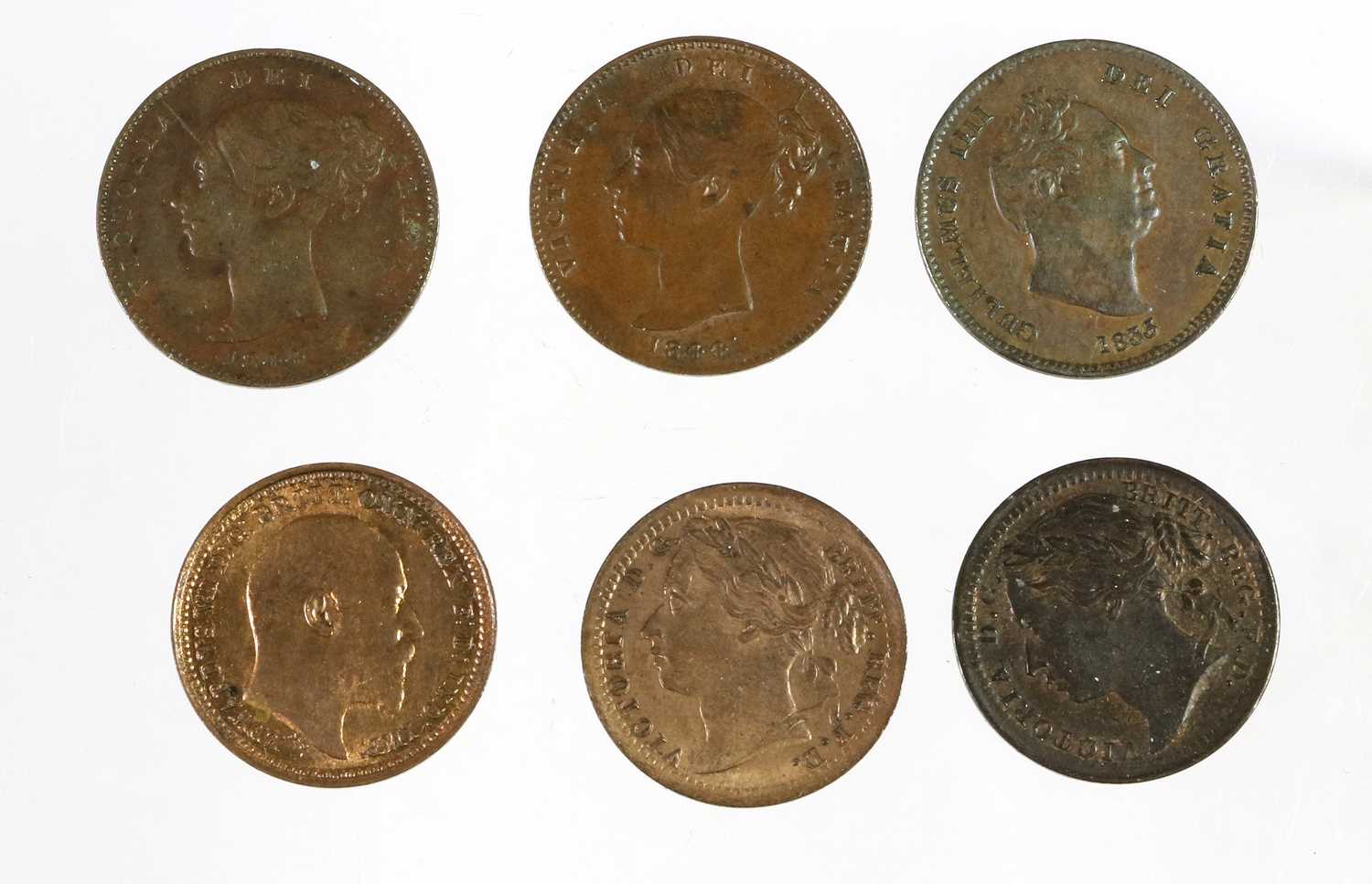 6 x One Third Farthings, comprising: William IV 1835 (S.3850) GVF; 2 x Victoria 'Young Head' 1844 (