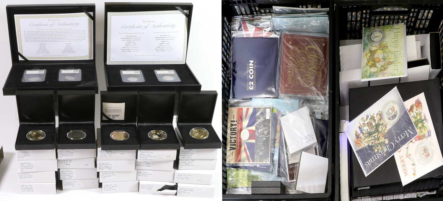 Commemorative Coins and Medallic Sets, 2 x crates, highlights include: 'Rupert Bear' 5 x 50p and 4 x