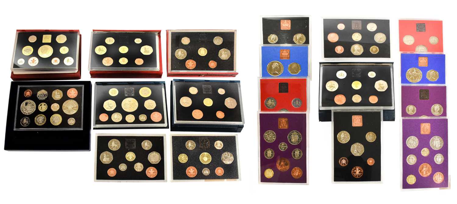 21 x UK Proof Sets, including 18 x standard issue: 1970(x2), 1971, 1972 (uncased), 1977 (uncased),