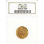 USA, Gold 3 Dollars 1854 MS-62 NGC, Philadelphia mint, obv. Indian head left, rev. 3 DOLLARS 1854 in