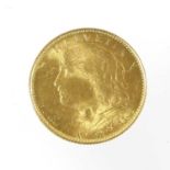 Switzerland, Gold 10 Francs 1922B (19mm, 3.22g, .900 gold), Bern mint, obv. Helvetia head left, rev.