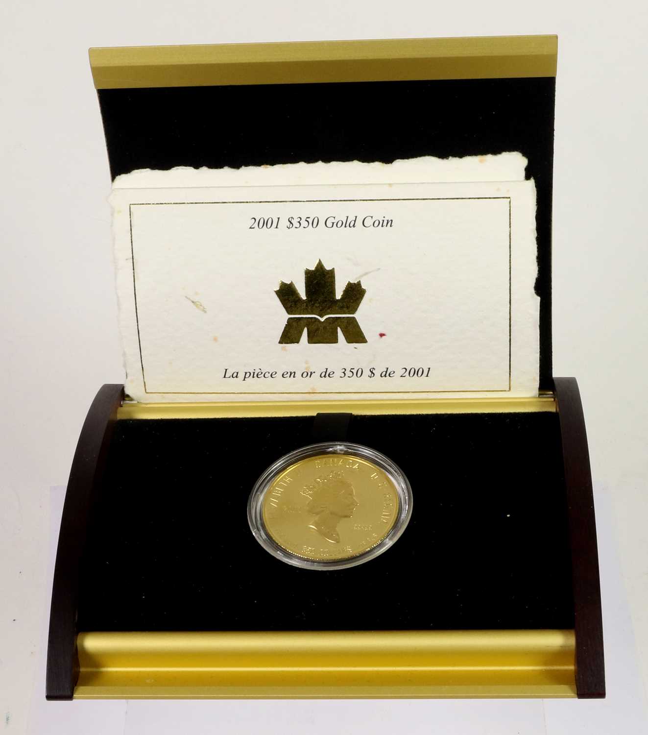 Canada, Gold Proof $350 2001 (.999 gold, 34mm, 38.05g), rev. Mayflowers, encapsulated with Royal