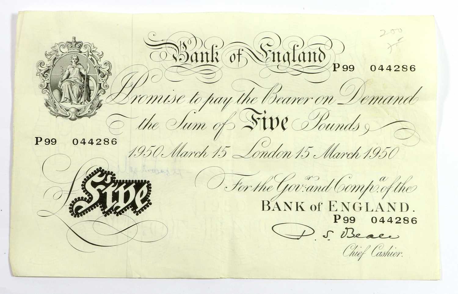 2 x Bank of England, White Five Pounds 1950, both signed Beale and dated London 1st February and - Image 4 of 5