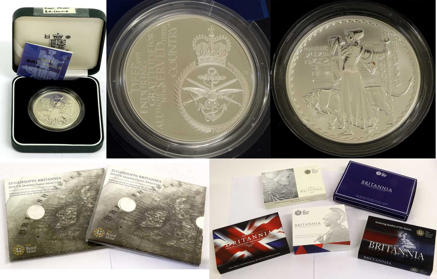 8 x UK Silver Britannias, comprising: 2 x proof £2 (1oz): 2001 rev. Philip Nathan's design