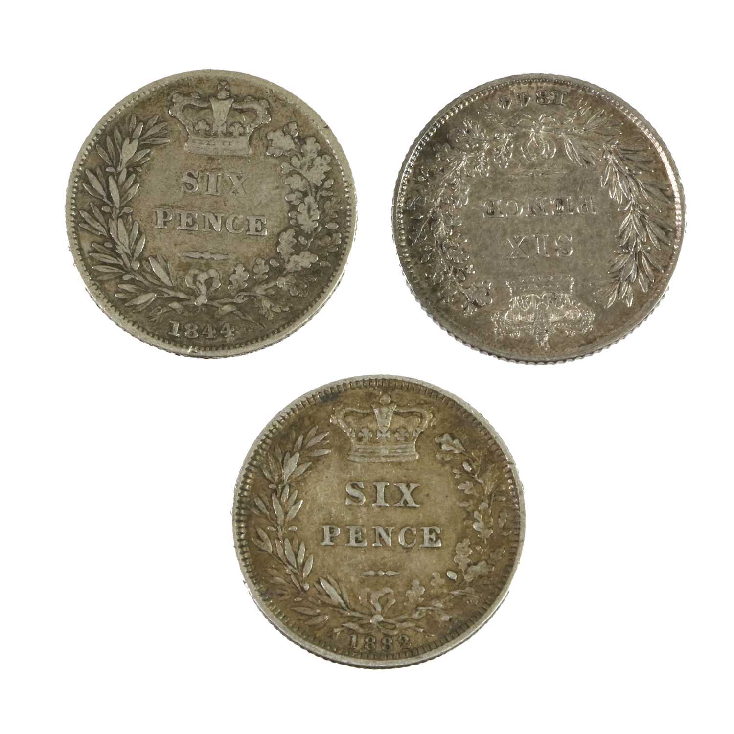 3 x Victoria, Sixpences: 1844(x2) and 1882 each with obv. young head left, rev. crowned denomination - Image 2 of 2