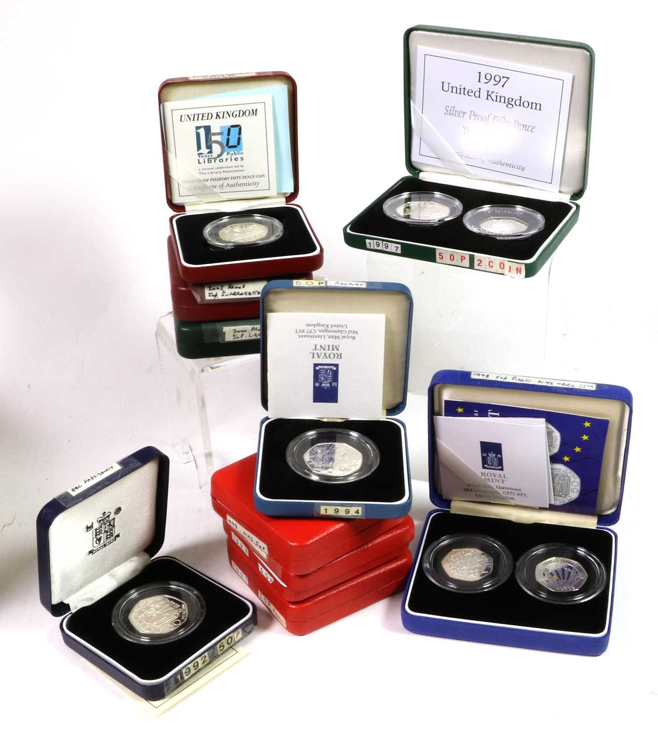10 x Silver Proof and Piedfort 50p Coins and Sets, comprising: 4 x piedfort: 1994 'D-Day', 1997 'New