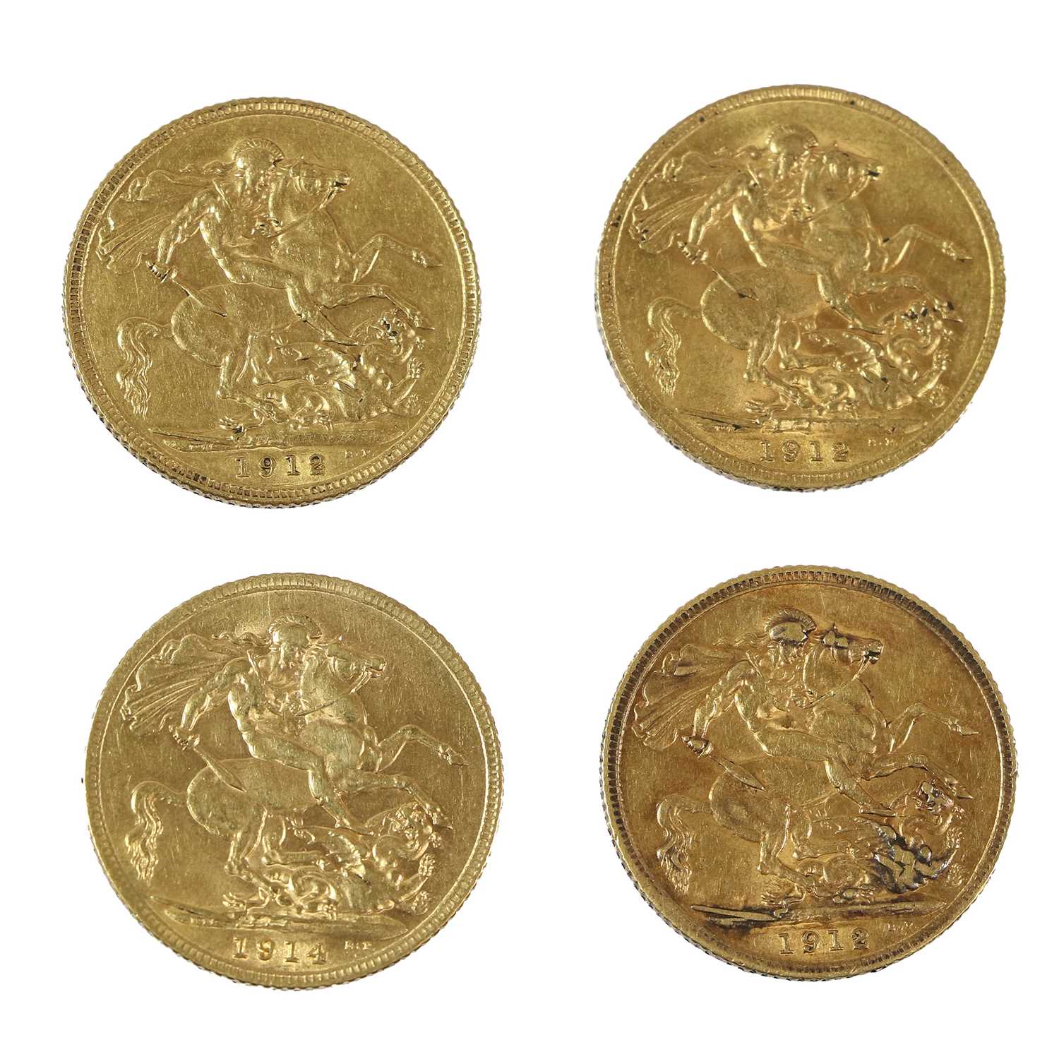 4 x George V, Sovereigns: 1912(x3) and 1914, obv. bare head left, rev. Pistrucci, VG to AVF - Image 2 of 2