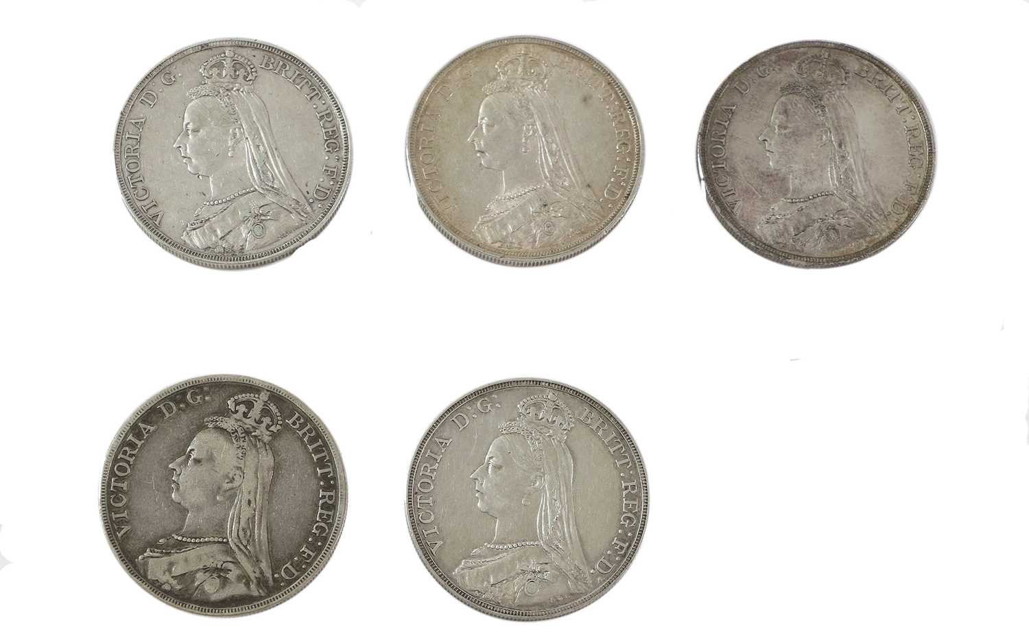 5 x Victoria, 'Jubilee Head' Crowns comprising: 1887(x2), 1889(x2) and 1892, each with obv.