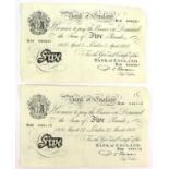 2 x Bank of England, White Five Pounds 1950, both signed Beale and dated London 24th March and 5th