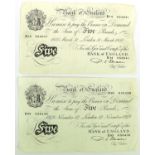 2 x Bank of England, White Five Pounds 1949 and 1950, both signed Beale and dated London 12th