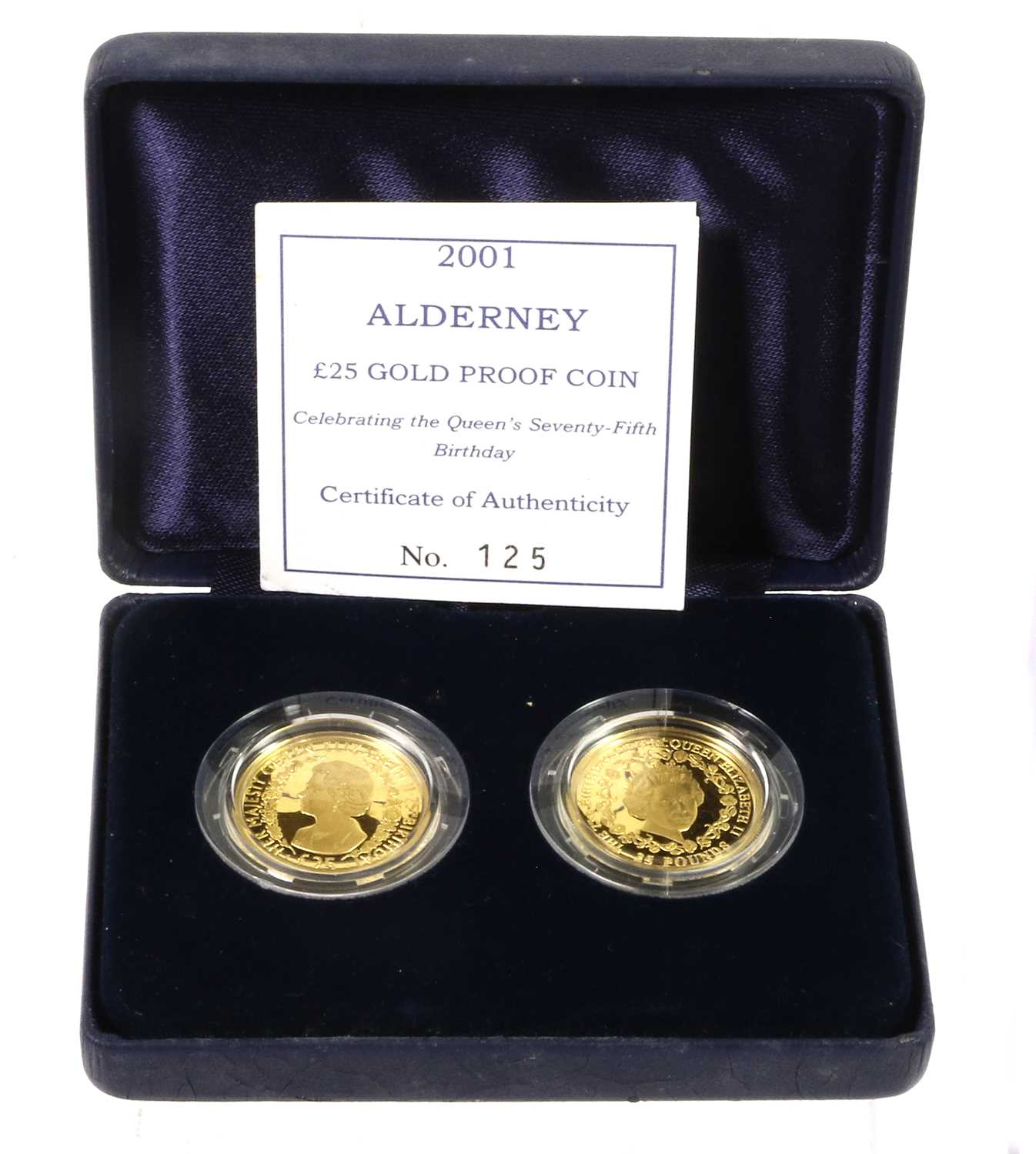 Alderney & Guernsey, Gold Proof £25 2-Coin Set 2001 (each .999 gold, 22mm, 7.81g), 'Queen's 75th