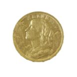 Switzerland, Gold 20 Francs 1908 (.900 gold, 21mm, 6.45g), obv. Helvetia bust left, rev. shield of