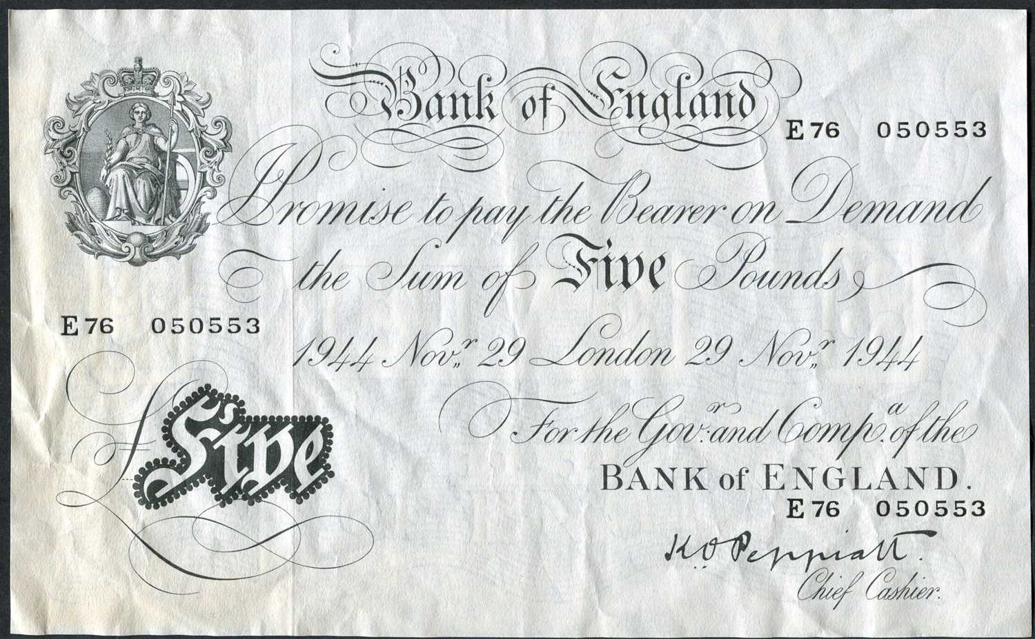 2 x Sequential Serial Numbers – Bank of England, White Five Pounds 1944 signed Peppiatt and dated - Image 3 of 3