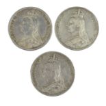 3 x Victoria, Crowns comprising: 1887(x2) and 1889 each obv. Jubilee bust left, rev. Pistrucci's St.