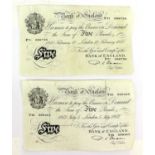 2 x Bank of England, White Five Pounds 1950 and 1952, both signed Beale and dated London 10th