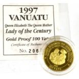 Vanuatu, Gold Proof 100 Vatu 1992 (.585 [14ct] gold, 25mm, 7.776g) 'Queen Elizabeth the Queen Mother