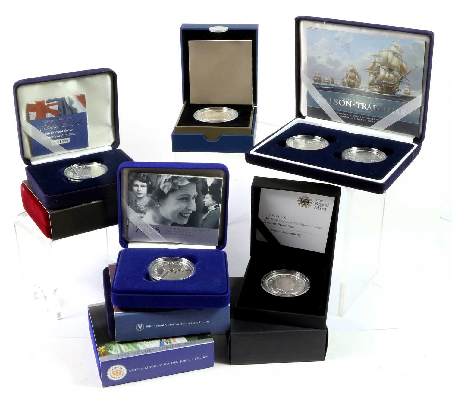 9 x UK Silver Proof Crowns and Sets, comprising: 2001 'Death of Victoria Centenary', 2002 'Golden