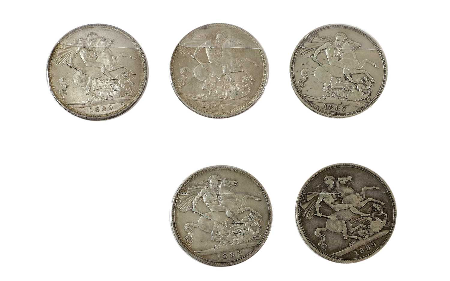 5 x Victoria, 'Jubilee Head' Crowns comprising: 1887(x2), 1889(x2) and 1892, each with obv. - Image 2 of 2