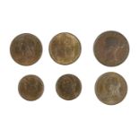 6 x Victoria AE comprising: 4 x halfpennies: 'Young Head' 1844 (S.3949) near Fine; 'Bun Head'