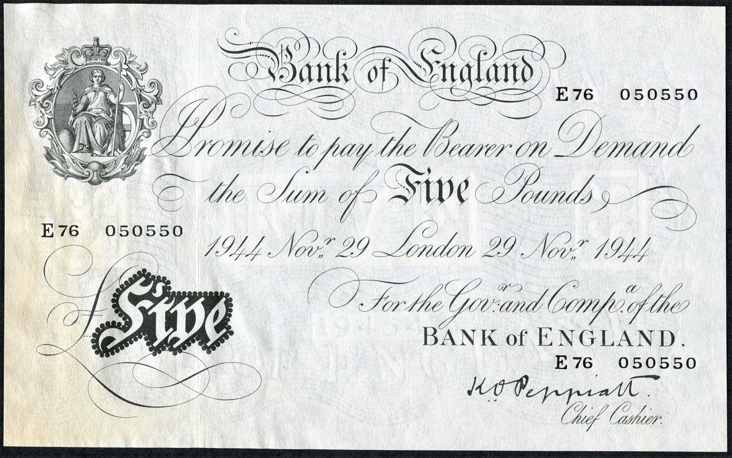 2 x Sequential Serial Numbers – Bank of England, White Five Pounds 1944 signed Peppiatt and dated