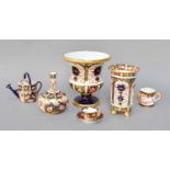 Royal Crown Derby Imari, a campana urn, 13cm high, two other vases, a minaiture tyg, and miniature