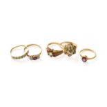 Three 9 Carat Gold Rings, including an opal and garnet example and an opal and emerald example,