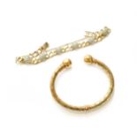 A 9 Carat Gold Curb Link Paste Bracelet, length 20cm; and A 9 Carat Gold Hinged Torque Bangle,