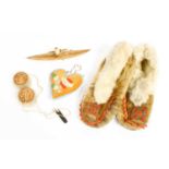 Mid 20th Century Inuit Items, comprising a pair of fur trimmed slippers with bead detail to the