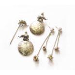 A Pair of Elephant Drop Earrings, by Patrick Mavros formed of a white planished disc surmounted by