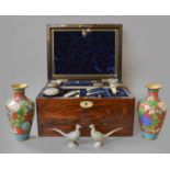A Victorian Rosewood Fitted Toilet Box and Accoutrements, a pair of Cloisonne vases, silver vesta,