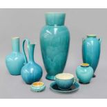 Linthorpe Pottery, vases, ewers, tea wares, quantity of items glazed in a turquoise glaze
