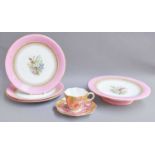 A Royal Worcester Floral Painted Dessert Service, with pink borders, comprising five plates and
