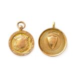 Two 9 Carat Gold Medallions, lengths 3.0cm and 3.3cmGross weight 14.8 grams.