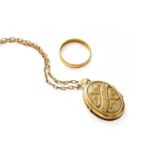 A 22 Carat Gold Band Ring, finger size N; A 9 Carat Gold Locket on Chain, locket measures 3.4cm by