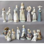 Fifteen Lladro Figures, including Mexican boy with pitcher, Spanish lady, girl with oranges, owl