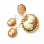 A Pair of Cameo Drop Earrings, stamped '9CT', with hook fittings, length 3.8cm; A Cameo Ring,